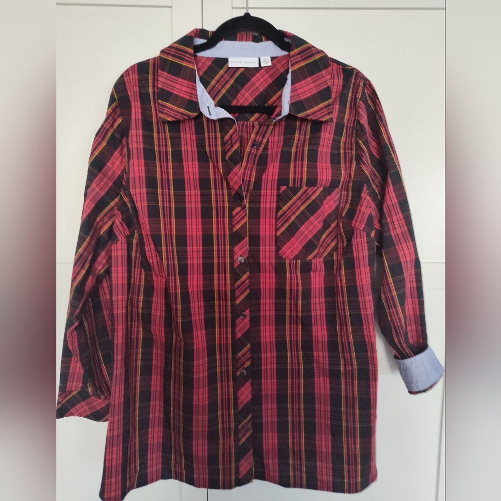 Susan Graver Blouse Sz 20W Red Black Plaid Long Sleeve Collared Neck Pocket EUC